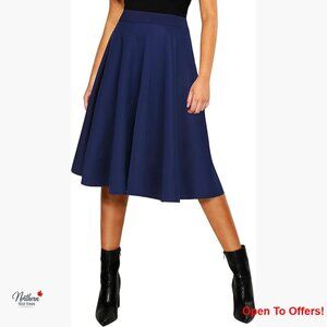 Elastic Waist A-line Flared Midi Skirt, Polyester & Spandex Fabric